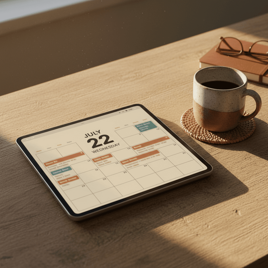 Phone calendar on a wooden desk with a coffee mug nearby