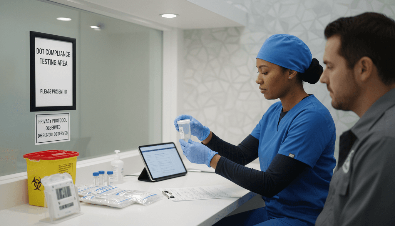 Licensed healthcare professional administering DOT compliance screening test in clinical environment with proper documentation