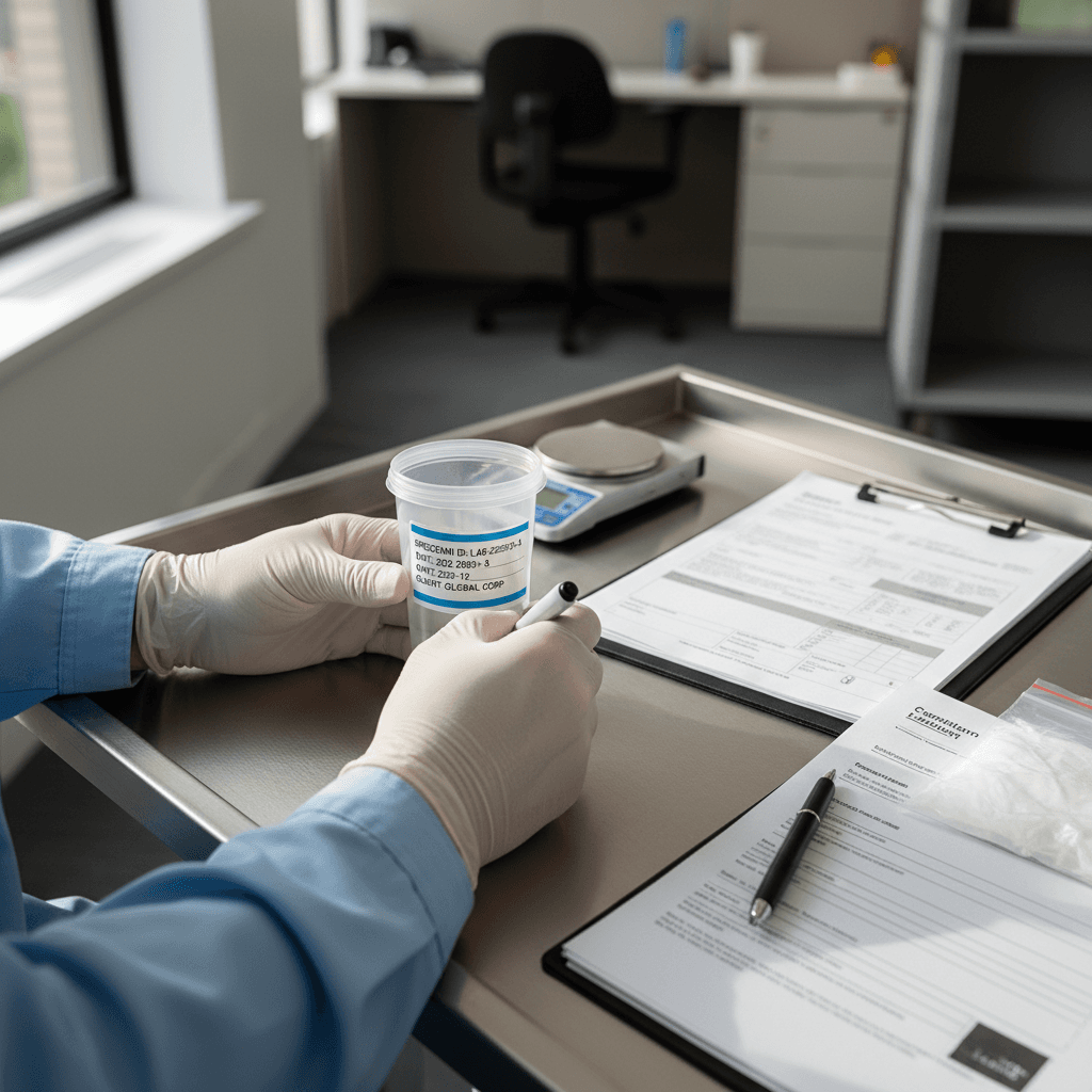 Technician's gloved hands carefully labeling specimen collection cup with documentation on portable testing table
