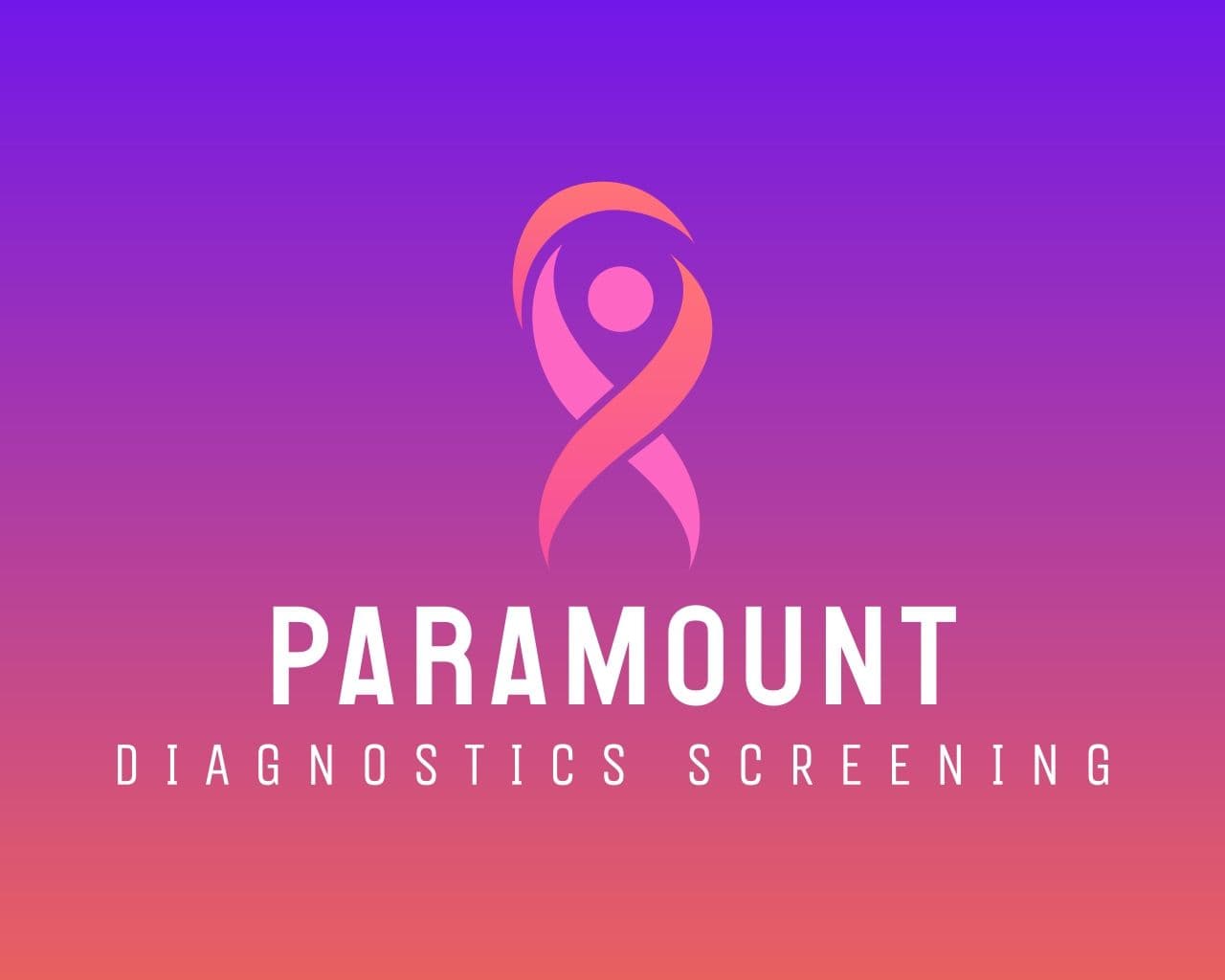 Paramount Diagnostics Screening logo featuring a stylized pink ribbon figure on a purple-orange gradient background.